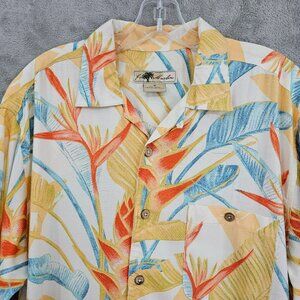 Joe Marlin Loop Collar Hawaiian Camp Shirt M Colorful Tropical Leaf Print Rayon